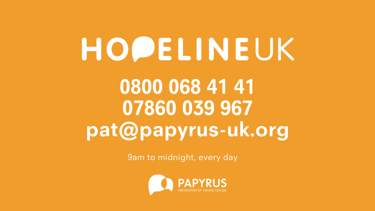 It's #WorldMentalHealthDay. By sharing our HOPELINEUK details, you could help save a life. 

Our trained suicide prevention advisers are here for anyone aged 35 and under experiencing thoughts of suicide or anybody concerned for a young person.

#WMHD #WMHD2021 #SuicidePrevention