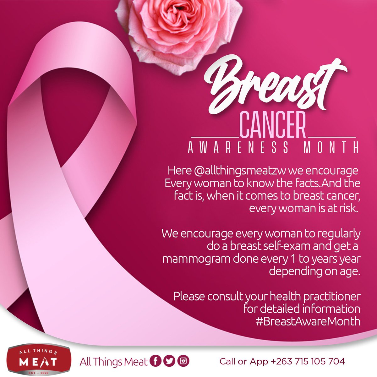 AllThingsMeatZw's tweet photo. Here @allthingsmeatzw we encourage Every woman to know the facts.
And the fact is, when it comes to #breastcancer, every woman is at risk. 
We encourage every woman to regularly do a breast self-examination and get a mammogram done every 1 to years

Please consult your Doctor https://t.co/mZMpOblDMB