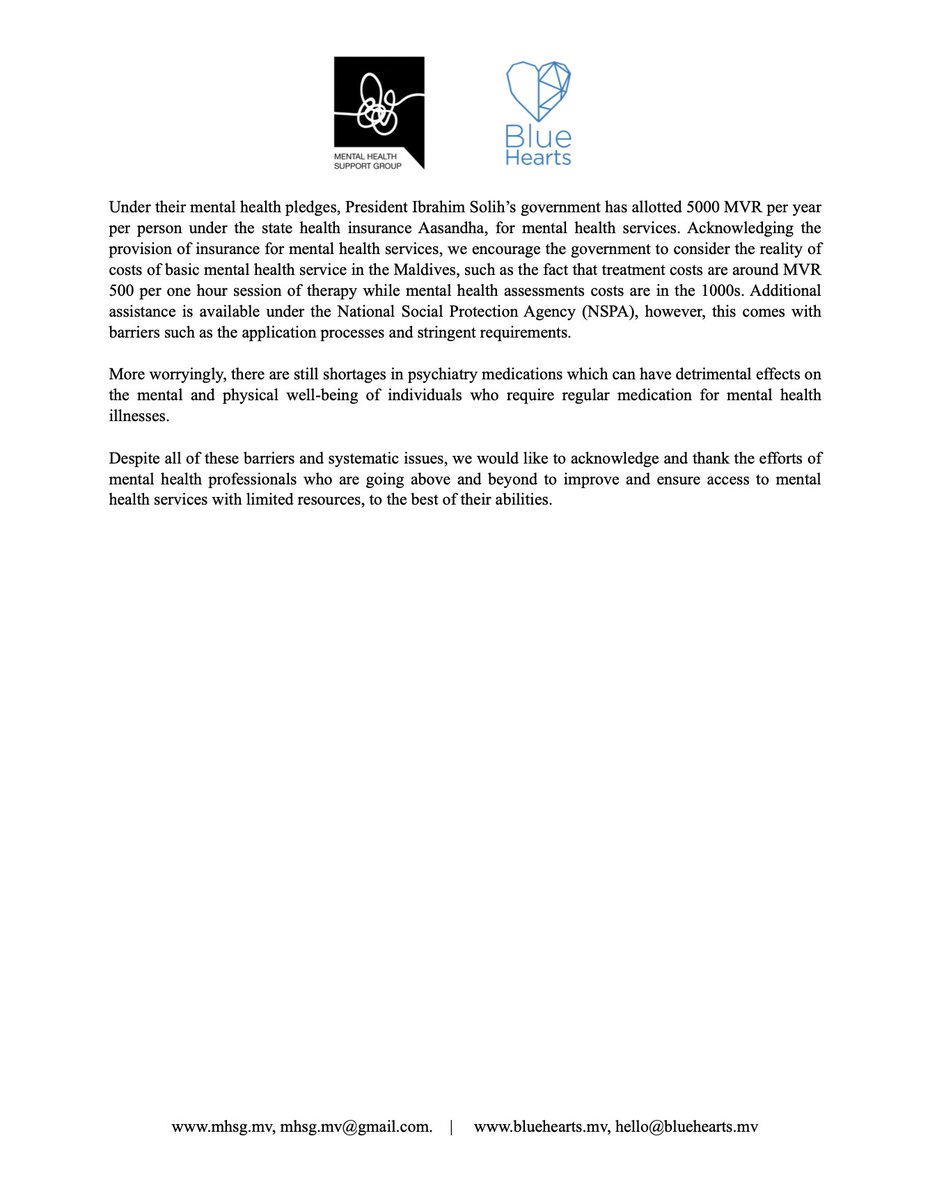 BlueHeartsMV's tweet photo. Joint statement by @MhsgMv &amp; @BlueHeartsMV on the occasion of World Mental Health Day 2021.

In keeping with the theme of World #MentalHealthDay 2021 - ‘Mental Health for all: Let’s make it a reality.’, we call on the Government of #Maldives to:

1/4 https://t.co/X03IPBasn9