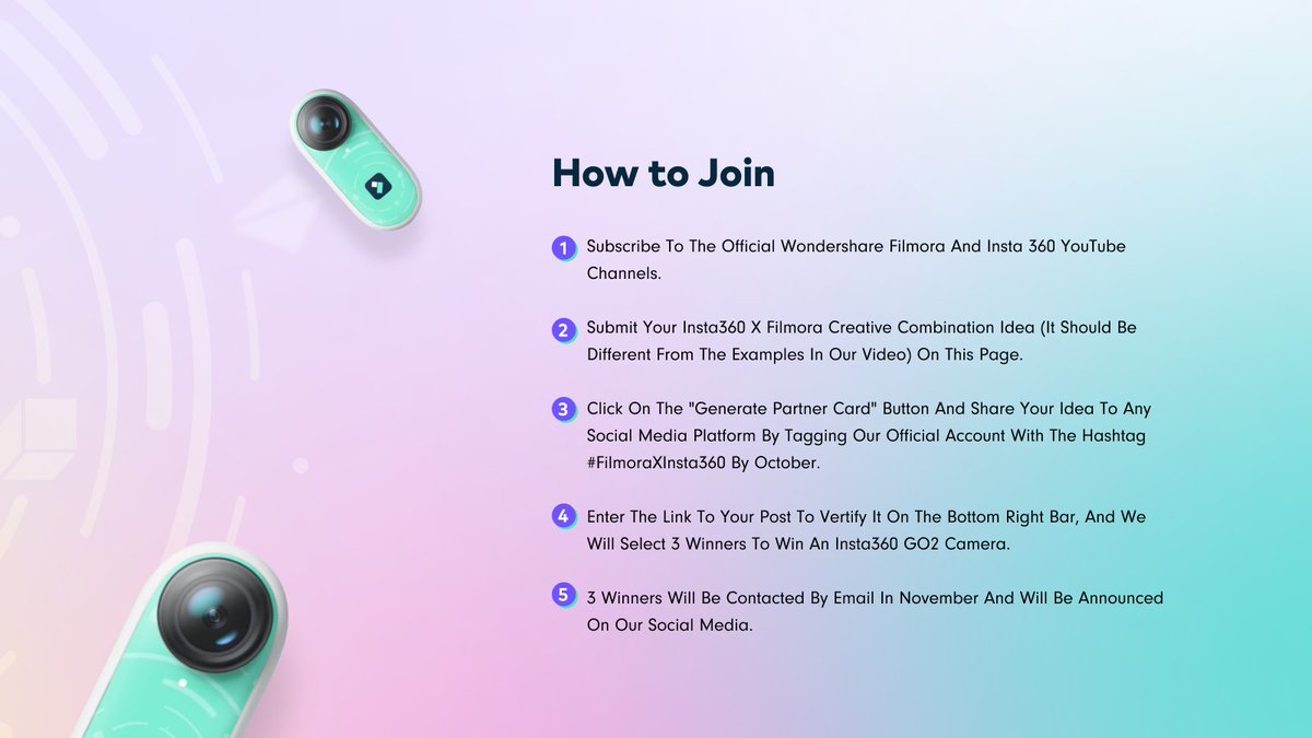 Wondershare's tweet photo. Got creative ideas? Join the #BestCreativePartner to connect with Filmora and Insta360. There'll also be a giveaway of an Insta360 GO2 camera. Join now for a chance to win! https://t.co/2hj6dLa9kg