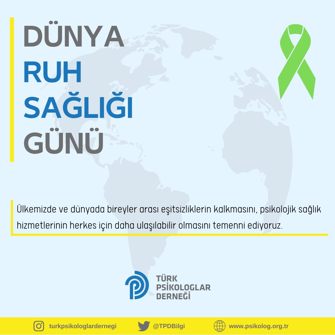Ülkemizde ve dünyada bireyler arası eşitsizliklerin kalkmasını, psikolojik sağlık hizmetlerinin herkes için daha ulaşılabilir olmasını temenni ediyoruz.

#DünyaRuhSağlığıGünü
#WorldMentalHealthDay