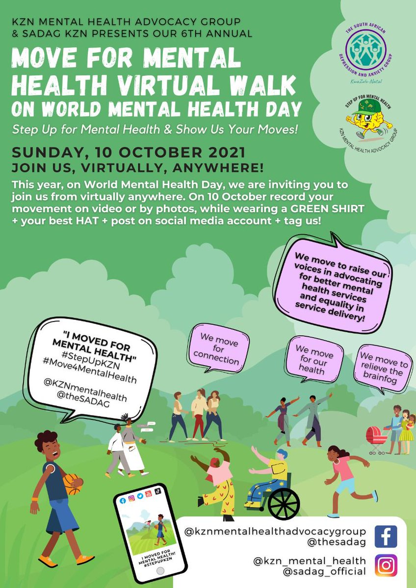 suntoshpillay's tweet photo. Join in.

A simple social media post with a splash of green and the hashtags #Move4MentalHealth and #StepUpKZN 📸

Our goal is to improve visibility and reduce stigma so that people find it easier to talk about mental illness or distress.

We move to raise our voices 🔊 ✊🏾 https://t.co/vJM46PD2I4