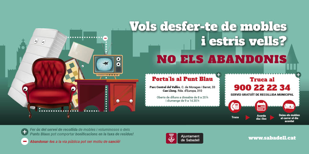 Aj_Sabadell's tweet image. 🚪🛋️📺Vols desfer-te de mobles i estris vells⁉️
𝗡𝗢 𝗘𝗟𝗦 𝗔𝗕𝗔𝗡𝗗𝗢𝗡𝗜𝗦 

✅Porta'ls al Punt Blau
✅Truca al 📞900.22.22.34  (servei gratuït❗)

⚠️Tolerància zero amb el dipòsit d’objectes voluminosos a la via pública

#NoElsAbandonis #Mobles #EstrisVells #Sabadell