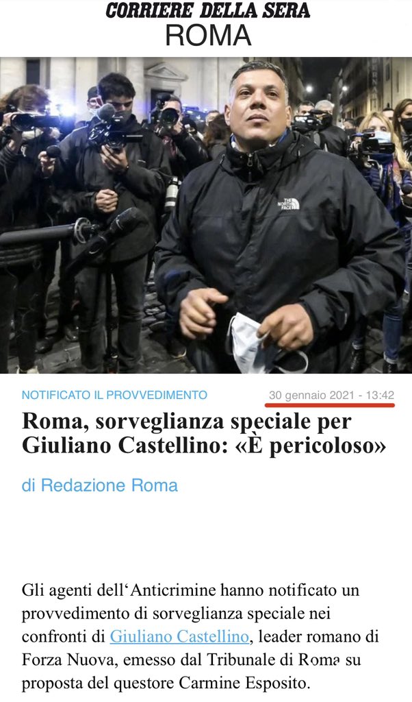 SimoneAlliva's tweet photo. Non era un’informazione privata.
A #piazzadelpopolo il leader di #ForzaNuova non avrebbe dovuto esserci.

Il tribunale aveva imposto anche il divieto di partecipare a pubbliche riunioni senza il preventivo assenso dell’autorità competente. È stato concesso? Da chi? https://t.co/cP7FLTNbfI