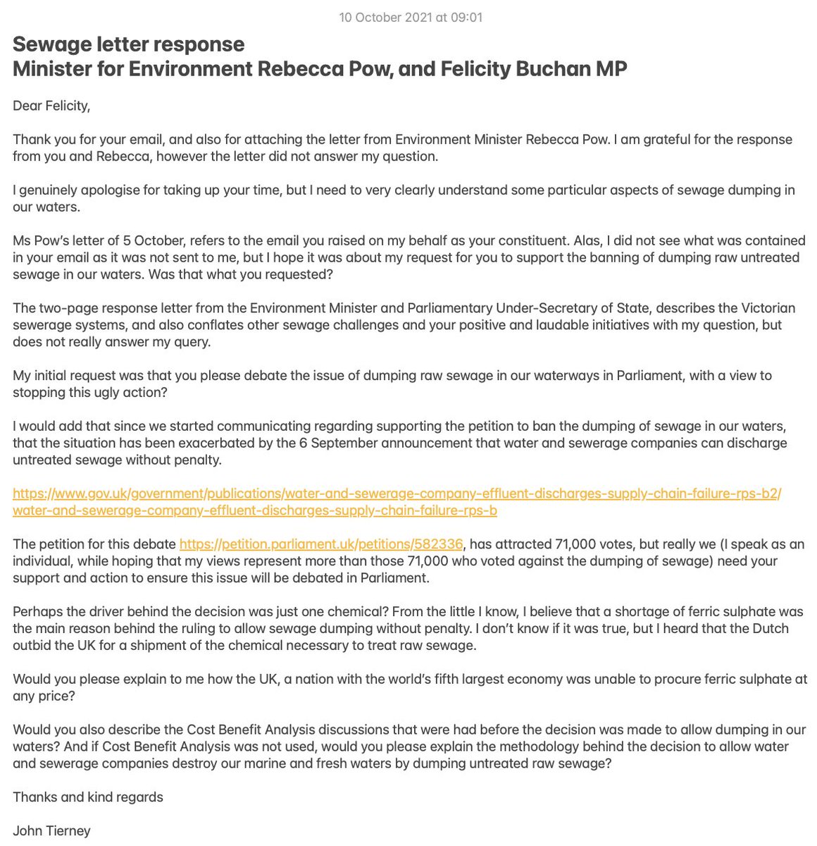 swimmingdragons's tweet photo. Dear All,
Communications from/to my local MP, &amp; Environment Minister, regarding raw sewage dumping.
Little time to kick up a stink 

Please vote &amp; circulate for debate.
https://t.co/w26KXLXrWK

Votes close 12 October. 

https://t.co/eJxMZh74ih
Thank you.
Yours swimmingly
John https://t.co/Am4s507dyw
