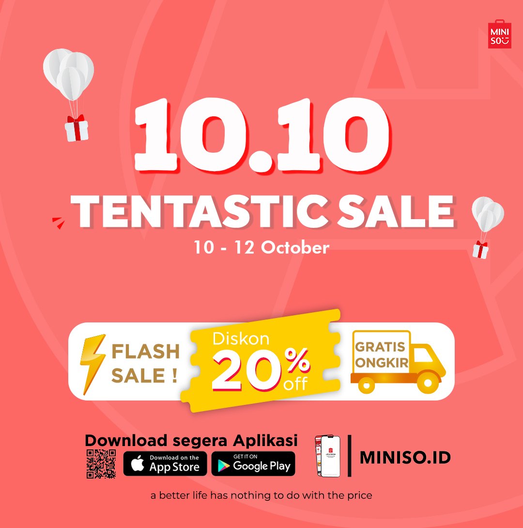 Minisojambitow2's tweet photo. Hi MINISO friends! 10.10 TENTASTIC SALE IS HERE! Nikmati diskon 20% dari tanggal 10-12 Oktober HANYA di aplikasi https://t.co/t1vN0VEsZK! Jangan sampai kelewatan yah! Yuk download aplikasi https://t.co/t1vN0VEsZK segera di Apple APP Store dan Google Play Store! https://t.co/iSWW9fEIlR