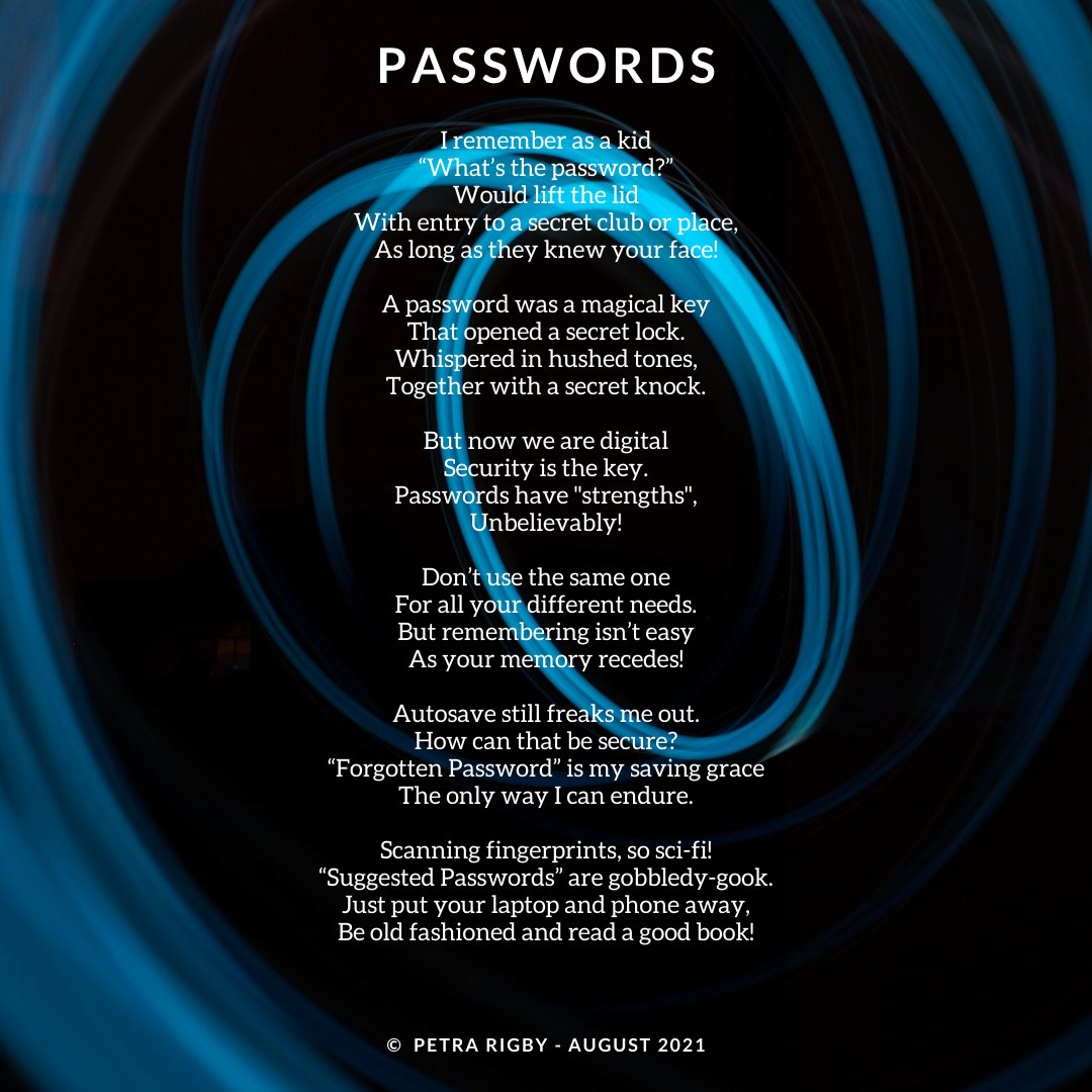 petra_rigby's tweet photo. No comment required.
This poem just says it all!
Passwords are a pain!
#haiku #passwordsareapain #ihatepasswords #technologytrends #letmein #forgottenpassword #poemsoftwitter #poems #blossomtreeceremonies #celebrantlife #poetry #poetrycommunity https://t.co/69BWQGox2u
