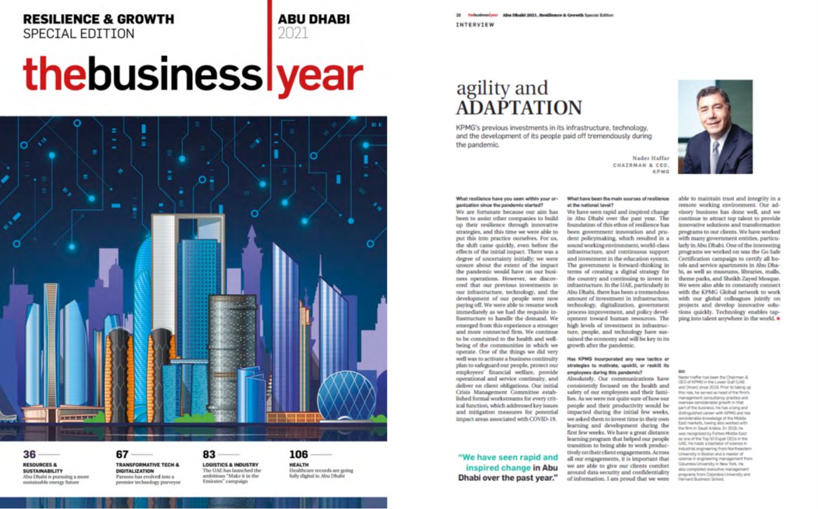 kpmguaeoman's tweet photo. KPMG's Nader Haffar is featured in The Business Year, Abu Dhabi talking about agility and resilience. He explains how, in these unprecedented times, we are able to inspire confidence and empower change. https://t.co/4KwPkLVsa3
#agility #resilience #leadership @TBYupdates https://t.co/xyK2wZ2SZo
