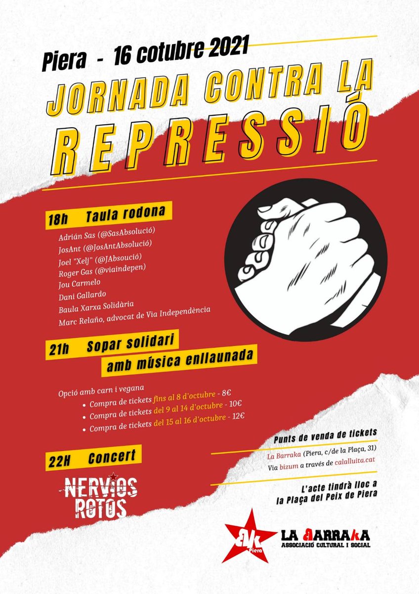 Bon dia companyes! 
 Dissabte dia 16-O tenim un acte amb sopar solidari, música en directe i taula de represaliades.

Ja tenim disponibles els tiquets pel sopar, x aquelles que ens volgueu acompanyar. <a href="/CaLaLluita/">Ca la Lluita</a>
👇
