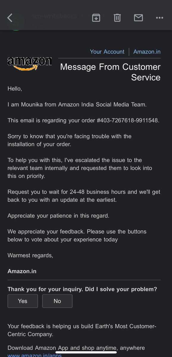 kushalR's tweet photo. @AmazonHelp @amazon @MiIndiaSupport @BandBajaateRaho
While filling the form, I qas assured that I will be given call back within 12 hrs and now I am getting this email that within 24-48 hrs we'll get back to you. 
It's been 24 hrs already from my scheduled installation and you ask me to wait https://t.co/JVQJl5PnZK