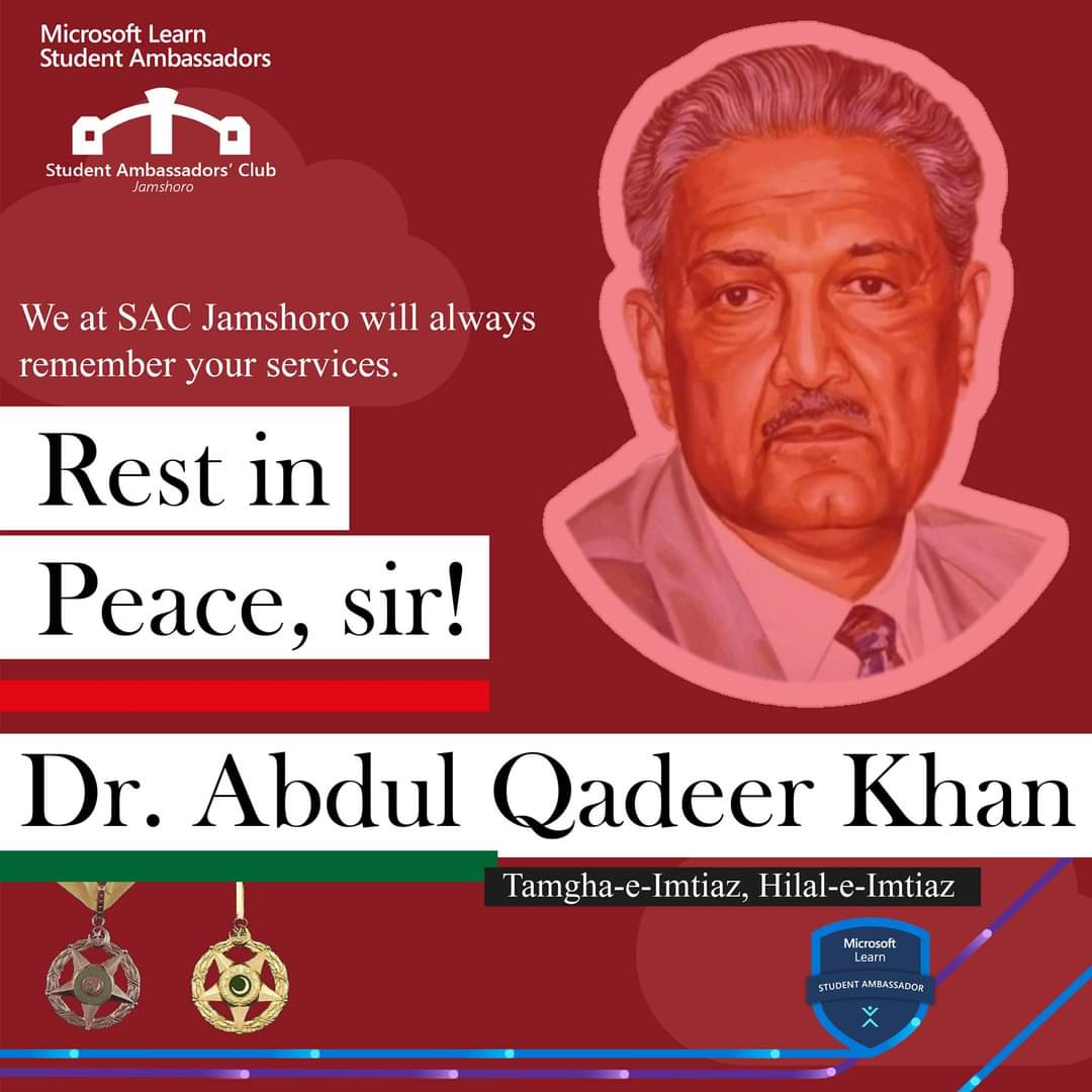 SACJamshoro's tweet photo. We belong to God and to Him we shall return.

Indeed it is very sad to share, that Dr. Abdul Qadeer Khan, the person who gave us Nuclear Power, made us stronger than ever, is no more with us.

May Allah blesses his soul.

#DrAbdulQadeerKhan https://t.co/bGJGdldZBz