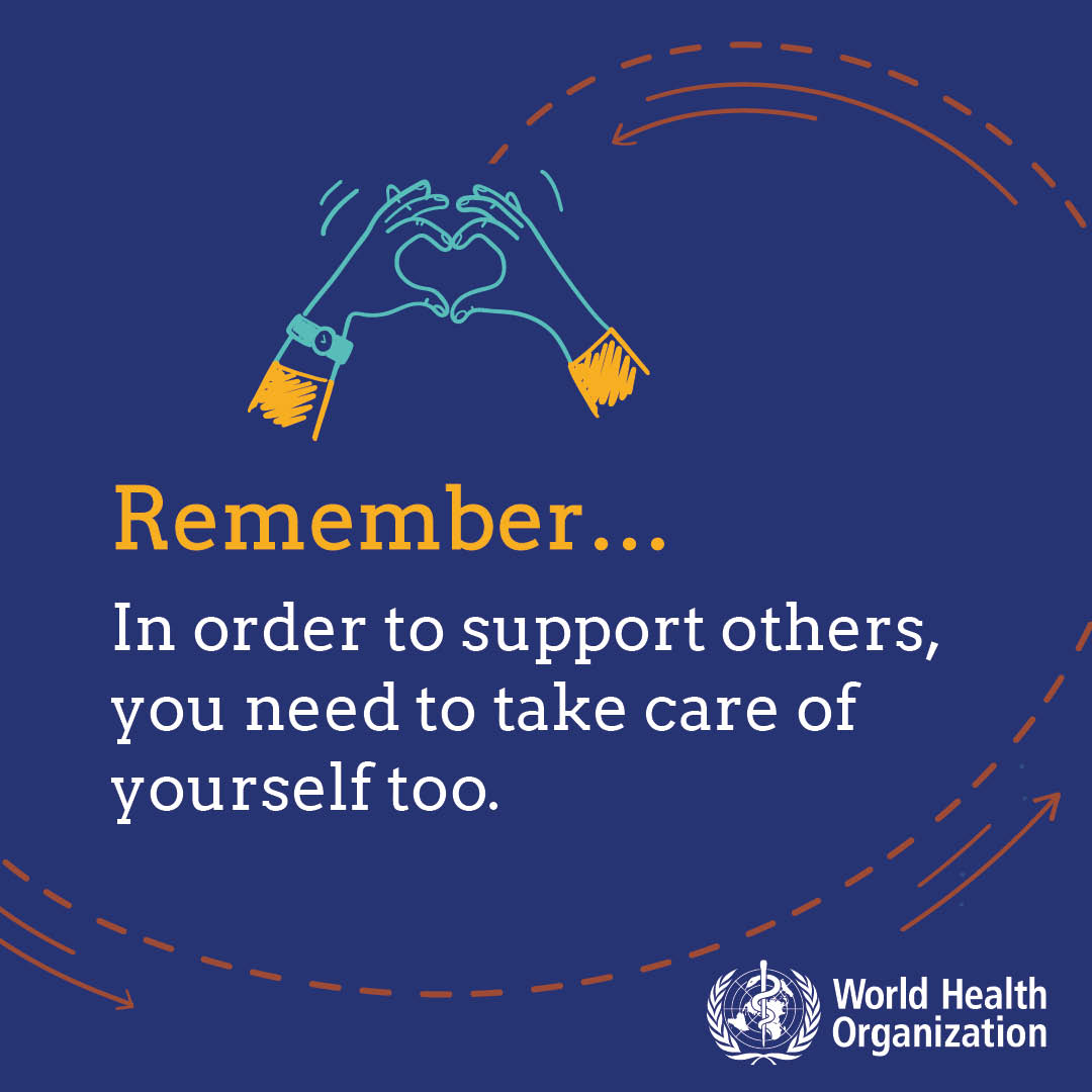WHO's tweet photo. If someone you know has #depression, remember:
 
𝘐𝘯 𝘰𝘳𝘥𝘦𝘳 𝘵𝘰 𝘴𝘶𝘱𝘱𝘰𝘳𝘵 𝘰𝘵𝘩𝘦𝘳𝘴, 𝘺𝘰𝘶 𝘯𝘦𝘦𝘥 𝘵𝘰 𝘵𝘢𝘬𝘦 𝘤𝘢𝘳𝘦 𝘰𝘧 𝘺𝘰𝘶𝘳𝘴𝘦𝘭𝘧 𝘵𝘰𝘰. 💙
 
#WorldMentalHealthDay #LetsTalk https://t.co/6Cm7FfxVgz
