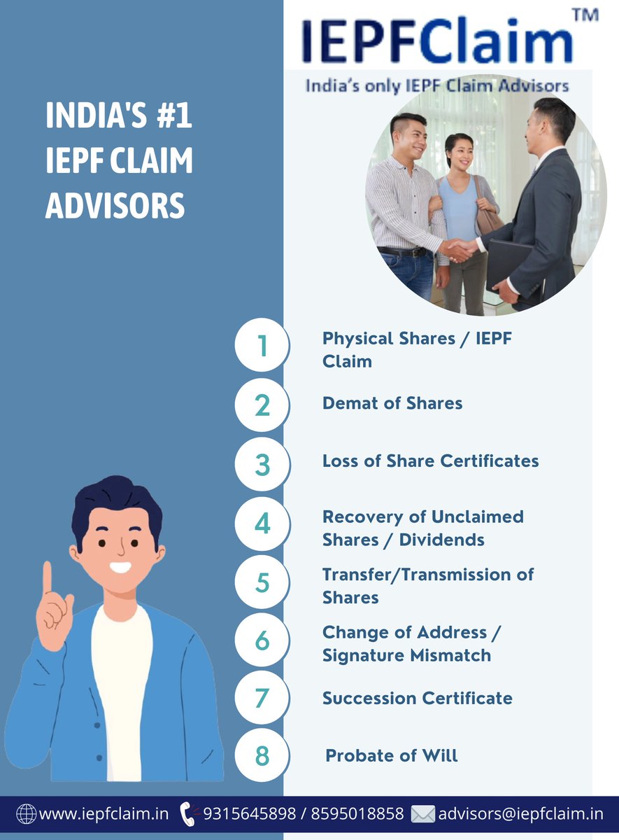 Iepf_Claim's tweet photo. Procedure to Claim IEPF Refund 
Recover Unclaimed Shares and Dividends
Contact now- https://t.co/ydxTlgHuoZ|85950 18858|93156 45898
#IEPFClaim #sharemarket #investors #recoveryfund #iepfclaimexpert #iepfshare #iepfrefund #iepfdividend #duplicateshares #unclaimedshares #oldshares https://t.co/TF0hQGXzJj