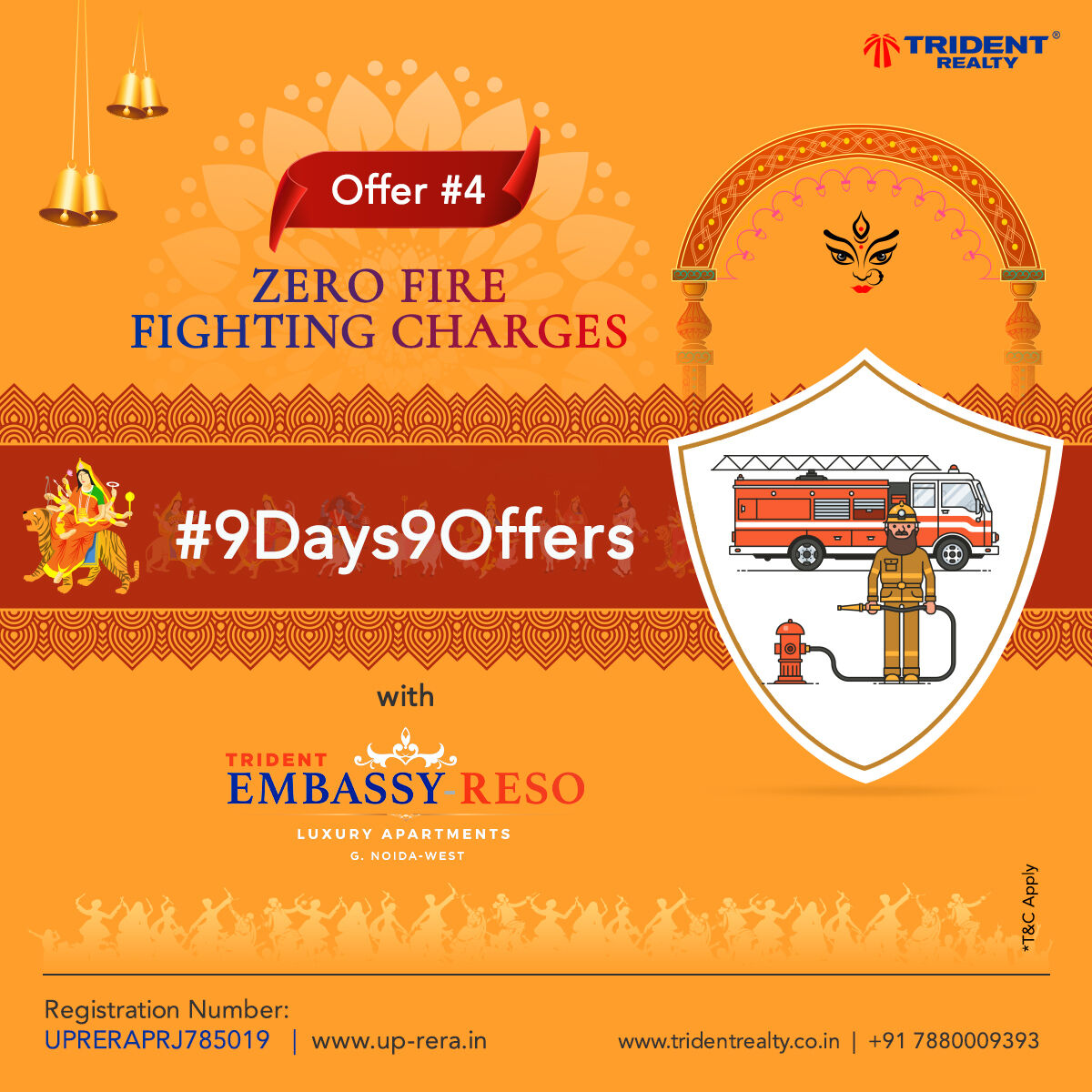 TridentRealty_'s tweet photo. #NavratriOffer — Never again worry about extra fire fighting charges - zero charges for fire fighting apply when you book a 3/4 BHK home at Trident Embassy-Reso.

Bookings are in full swing. Call us on 7880009393 today. ☎️

#trident #tridentembassy #tridentreso #navratri https://t.co/e3tLBFCo15
