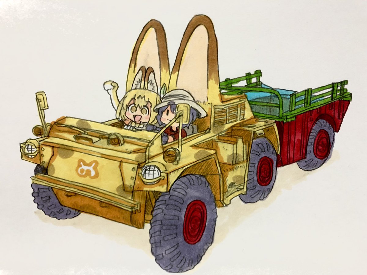 kaban (kemono friends) ,serval (kemono friends) multiple girls 2girls animal ears ground vehicle motor vehicle open mouth hat  illustration images