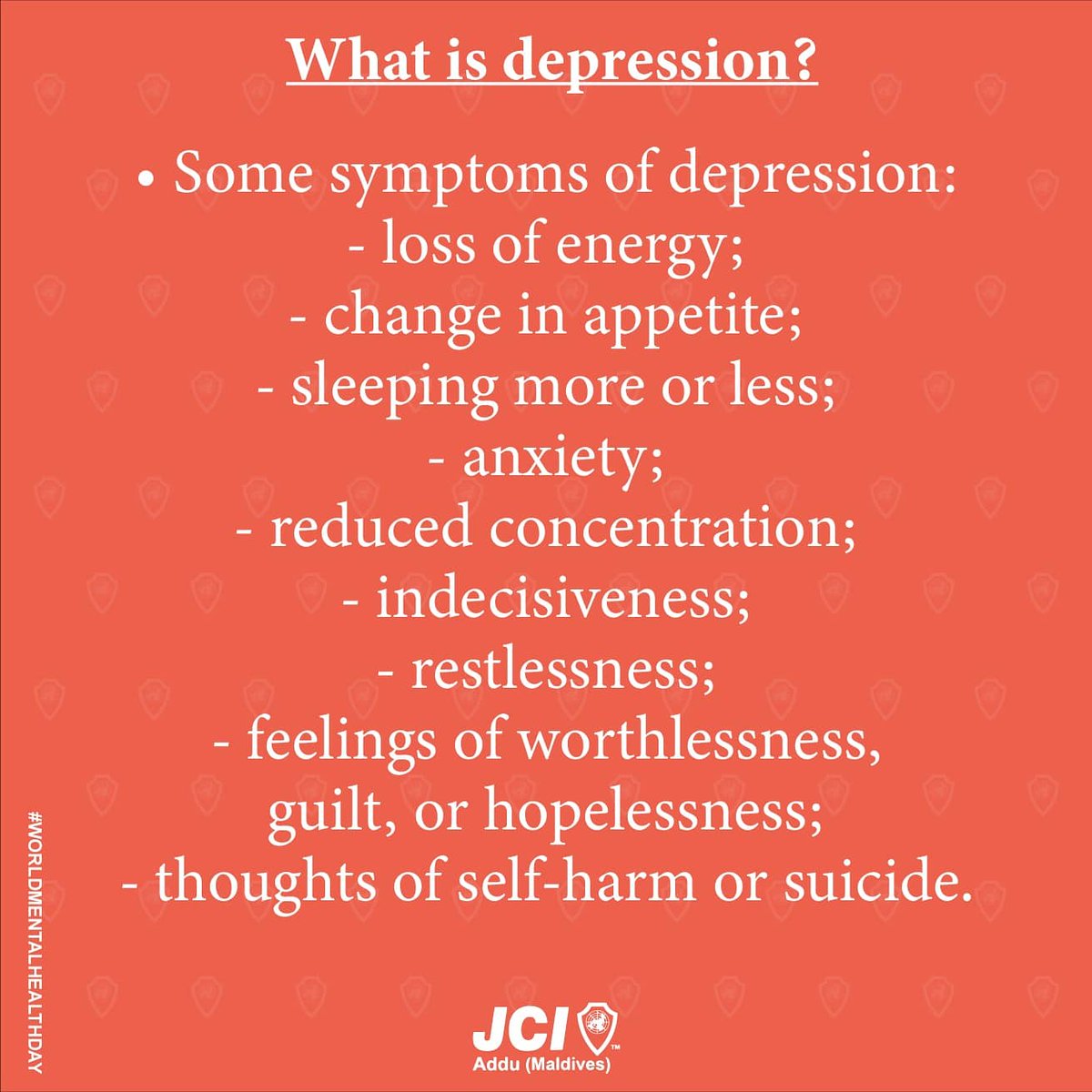 JCIAdduMv's tweet photo. Mental Health Care! 

Let's talk about one of the most common mental illnesses. 

#worldmentalhealthday #depression #JCIAddu https://t.co/wdKWXU0OjM