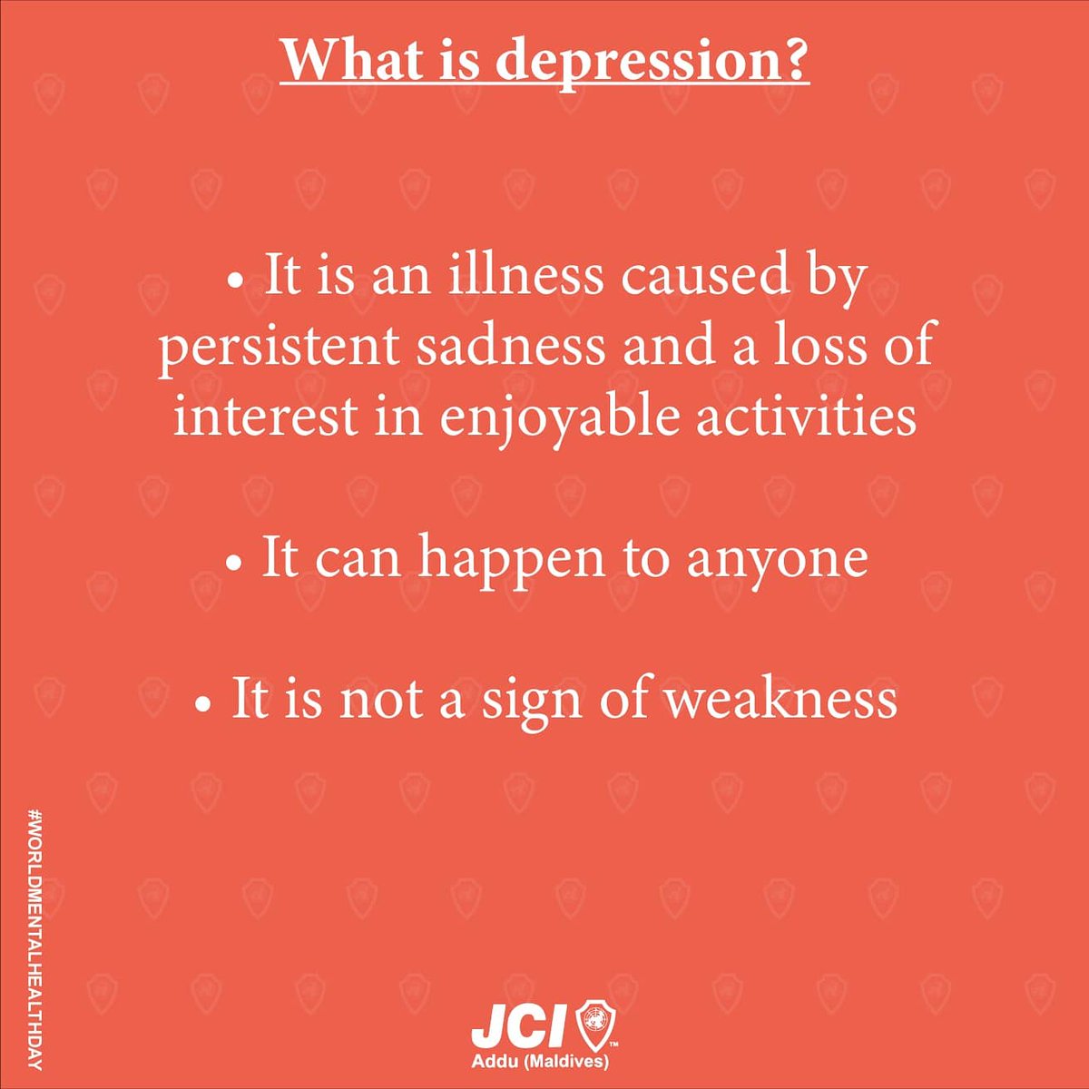 JCIAdduMv's tweet photo. Mental Health Care! 

Let's talk about one of the most common mental illnesses. 

#worldmentalhealthday #depression #JCIAddu https://t.co/wdKWXU0OjM