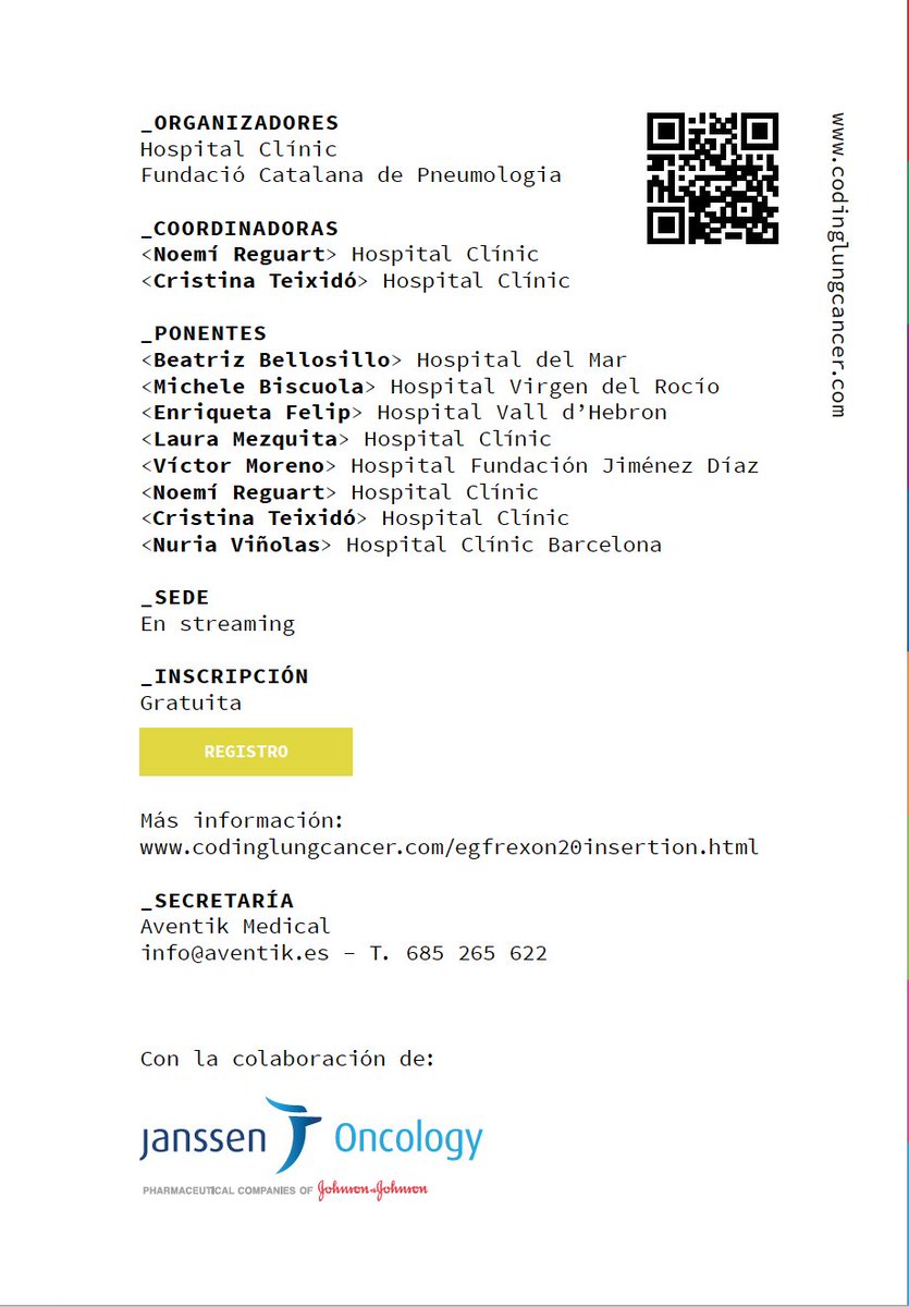 teixido_c's tweet image. El próximo 27 de Octubre a las 16h en streaming #CodingLungCancer #EGFR exon20 ins con @NReguart @EnriquetaFelip @BellosilloBea @LauraMezquitaMD @VicMorenoGarcia Dr Nuria Viñolas &amp;amp; Dr Michele Biscuola. Inscripciones gratuitas: us06web.zoom.us/webinar/regist… Patrocinio @JanssenESP.