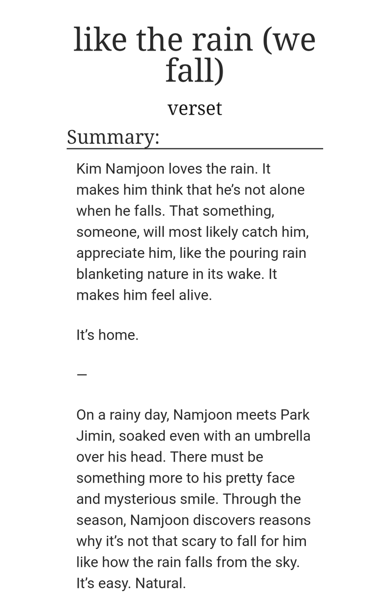 passionfics's tweet photo. like the rain (we fall) | #minimoni #minjoon 

› rated G, 13k words
› for @NamjoonFest
› artist!NJ, dancer!JM, strangers to lovers, fluff, light angst, introspection  

🖇 https://t.co/5Ojpo1N8XK https://t.co/0prREwrzx5