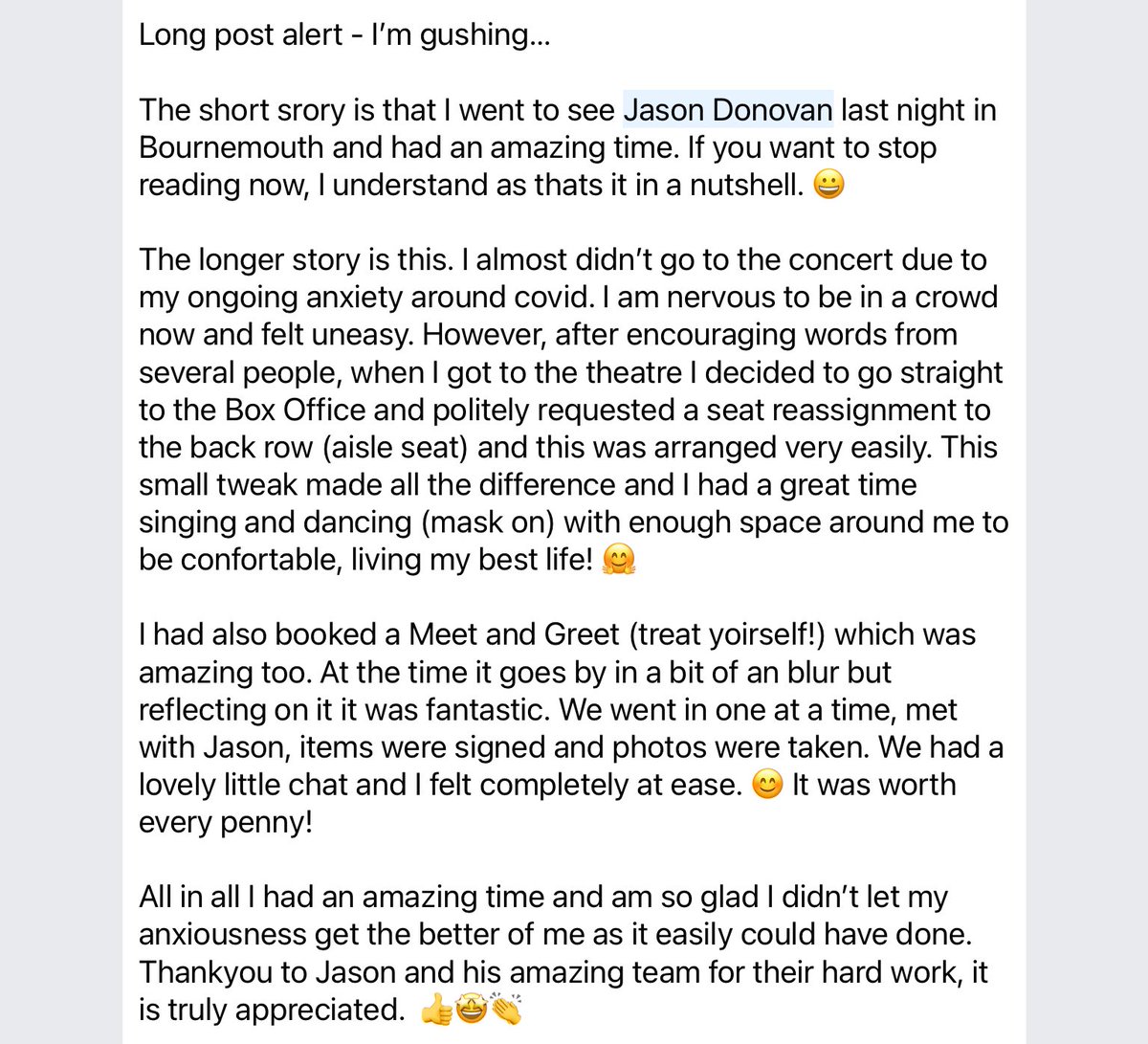 Shazzi39's tweet photo. Went to see @JDonOfficial in Bournemouth last night and I had a truly amazing time! 🤗🤗🤗 (please see a copy of my FB post below if you are interested, Twitter doesn’t allow enough characters to  write what I want to write! 🤣) Thankyou to Jason and his hard-working team.👏🤩 https://t.co/ATe5N3rp0F