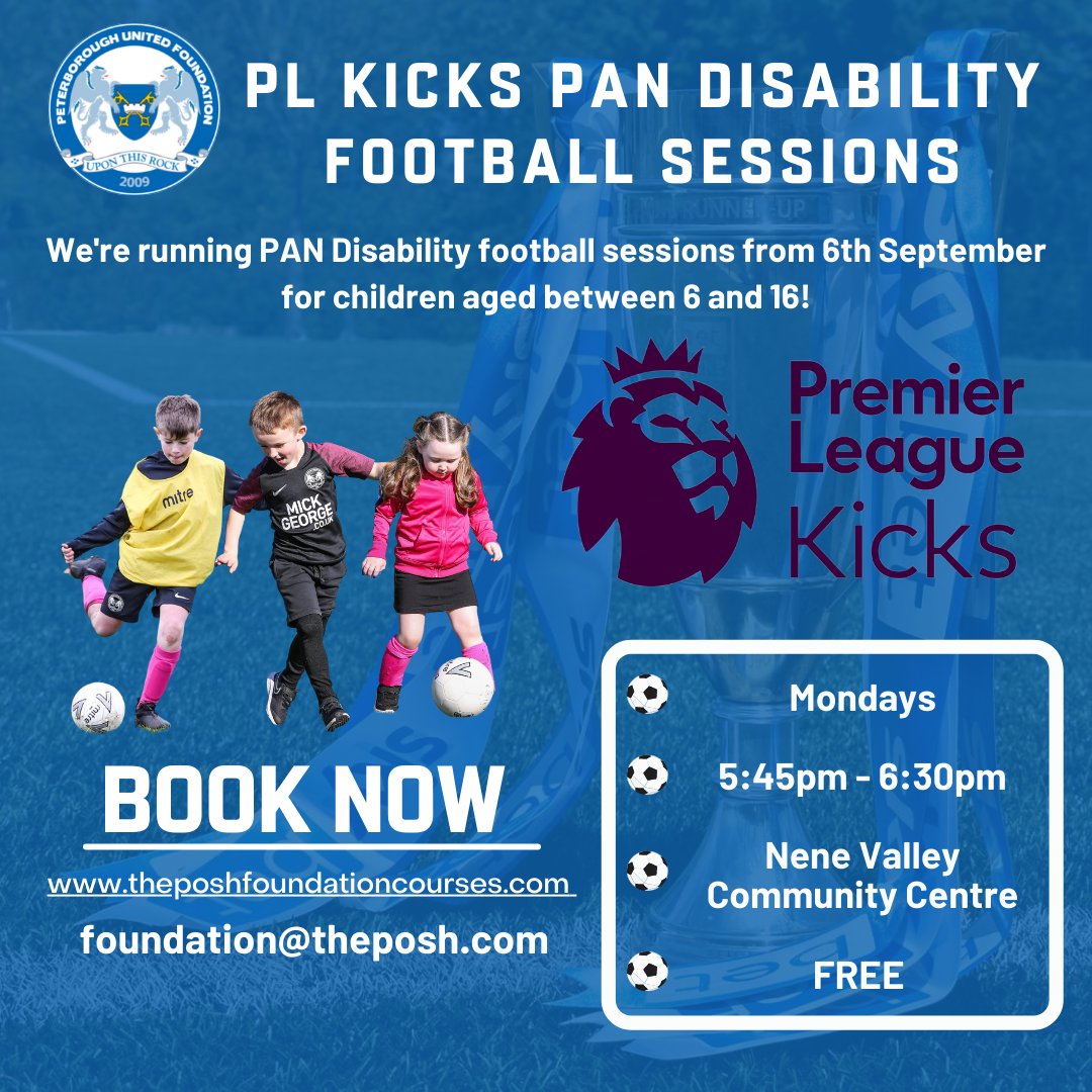 🏆 Our Junior PAN Disability football sessions take place every Monday between 5:45pm and 6:30pm, in partnership with #PLKicks.

Sessions are for children aged 6 - 16 and take place at Nene Valley Community Centre.

<a href="/poshdeaf/">Peterboro Utd Deaf</a> | @PUFCampfooty | <a href="/HuntsFA/">Huntingdonshire FA</a>

#pufc