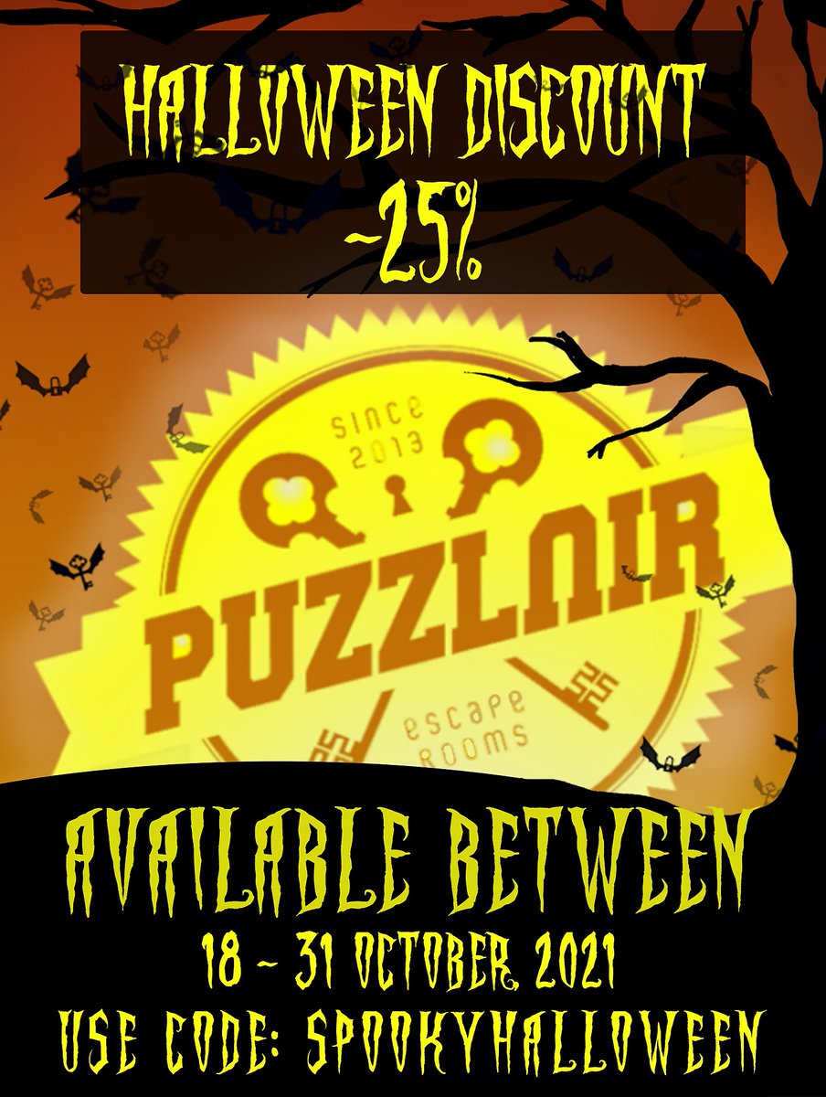 Let's celebrate the spooky season with our -25% Halloween discount. 🎃👻
Book your game(s) between 18-31st October and don't forget to use the discount code: 
SPOOKYHALLOWEEN

puzzlair.co.uk/escape-room-br…

#autumn #fall #autumnvibes #october #autumncolors #halloween #spooky #pumpkin