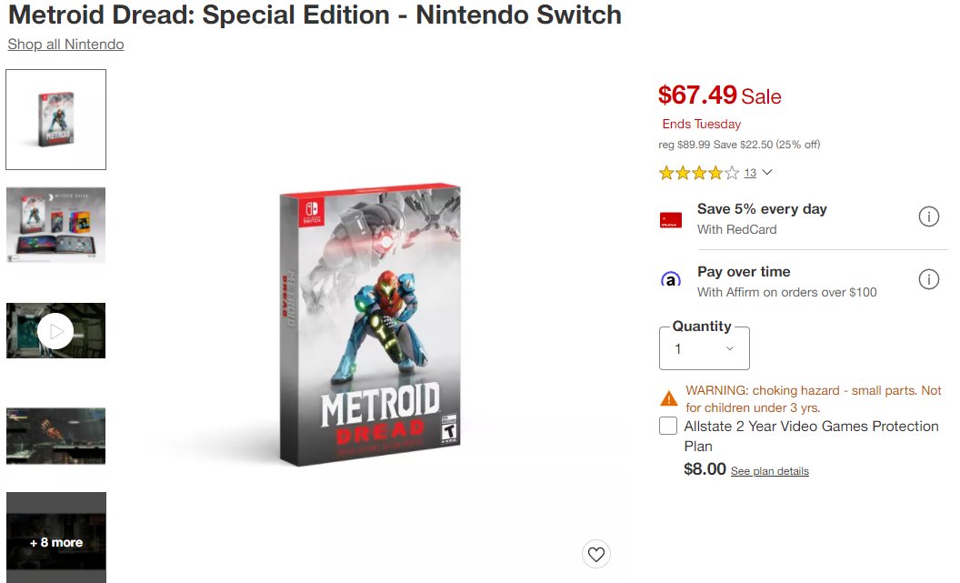 Wario64's tweet photo. not in stock right now, but Metroid Dread Special Edition is currently $67.49 at Target. Could be good to price match https://t.co/4pFSqZiw09  #ad https://t.co/LNOsq5lXtc