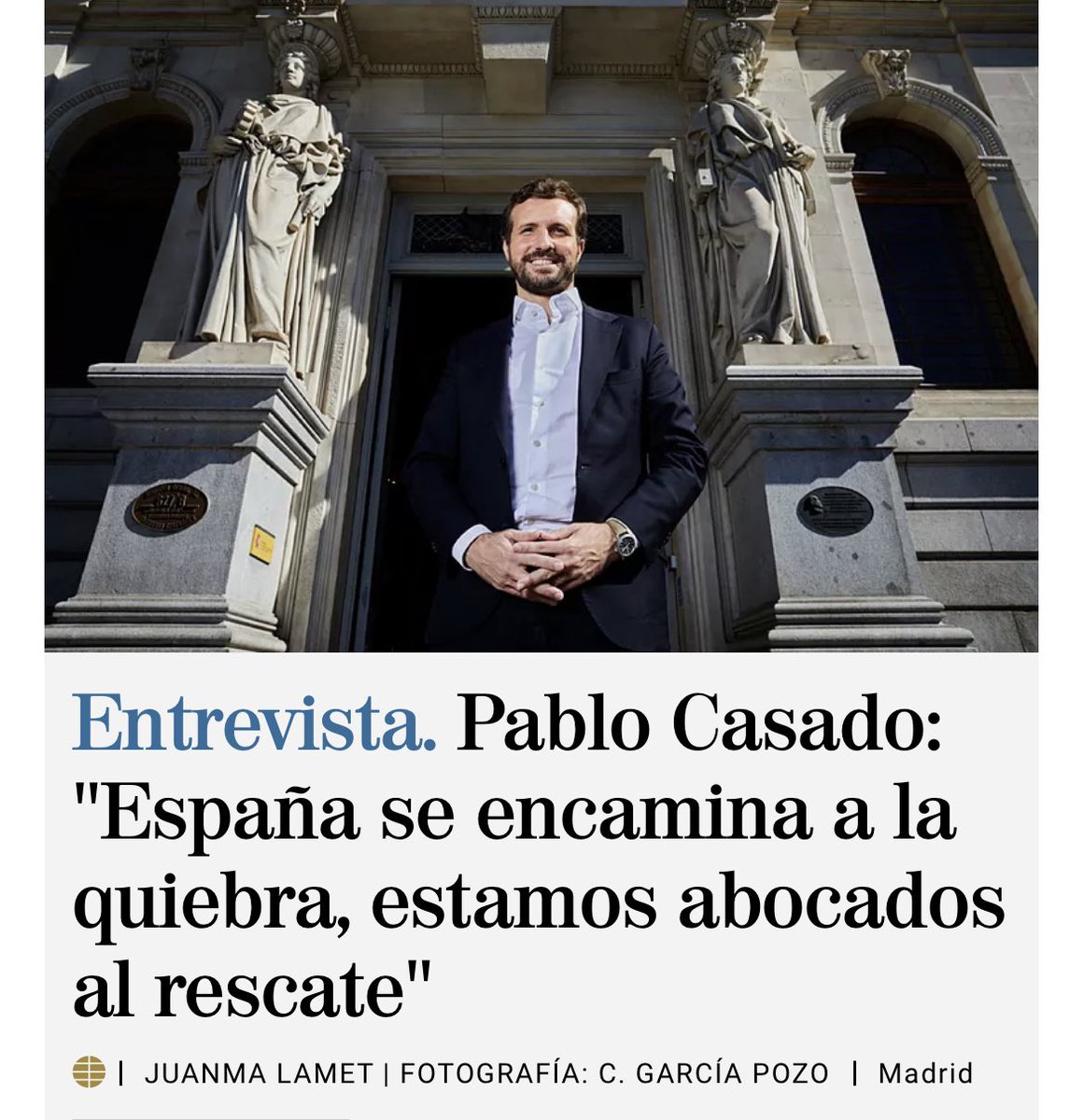 EstefMolina_'s tweet photo. Apareces sonriendo. Te titulan: “España se encamina a la quiebra” en @elmundoes.

Produce cierto escalofrío. Aunque supongo que no lo ha elegido Casado. Nunca una foto tan desafortunada para un titular. https://t.co/QIDPEs6QWM