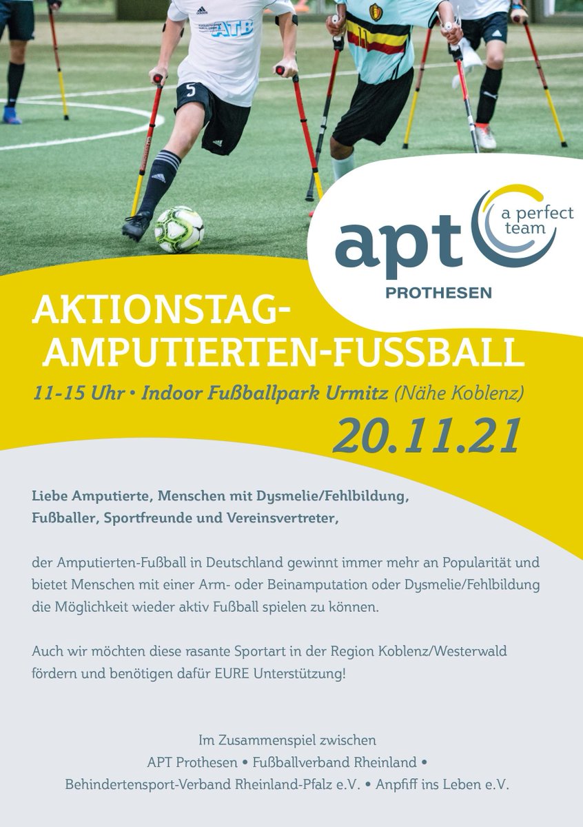 AProthesen's tweet photo. Wir wollen mit euch Kicken- meldet euch an, wir freuen uns auf einen sportlichen Tag!
#fußball #amputiertenfußball #soccer #koblenz #rheinlandpfalz #amputation #dysmelie #amelie https://t.co/uuYjZpSPHW