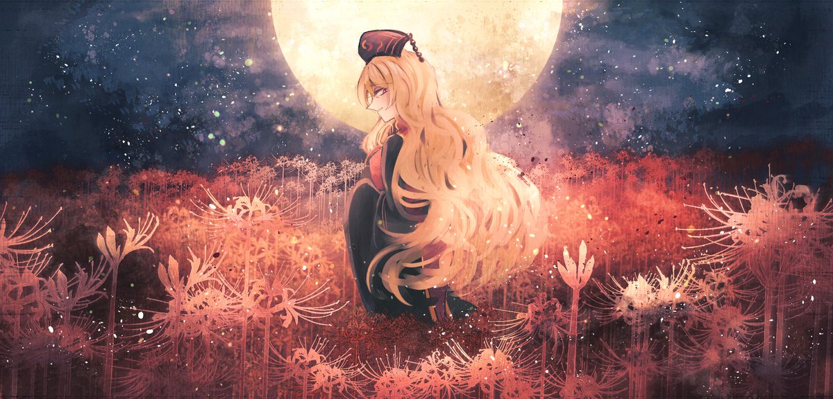 junko (touhou) 1girl long hair solo flower moon dress black dress  illustration images