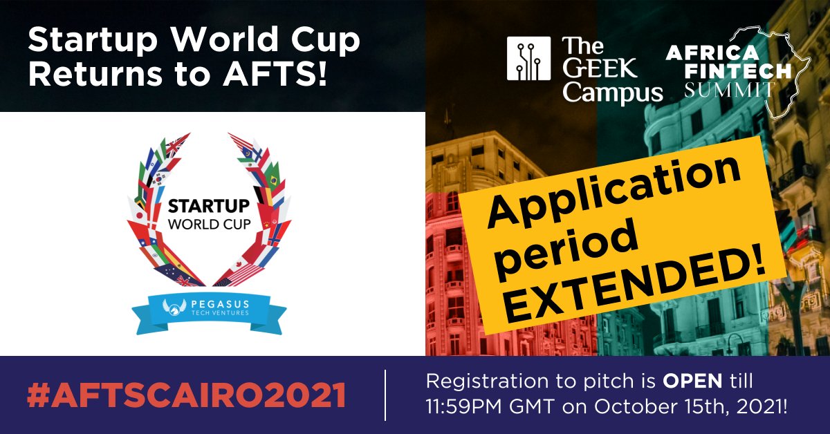 AfriFintech's tweet photo. APPLICATION PERIOD EXTENSION! Don't miss the opportunity to pitch your #startup at #AFTSCairo on November 17th! 

Apply now: https://t.co/WreXq9tC3R https://t.co/CgTcgRgwCN