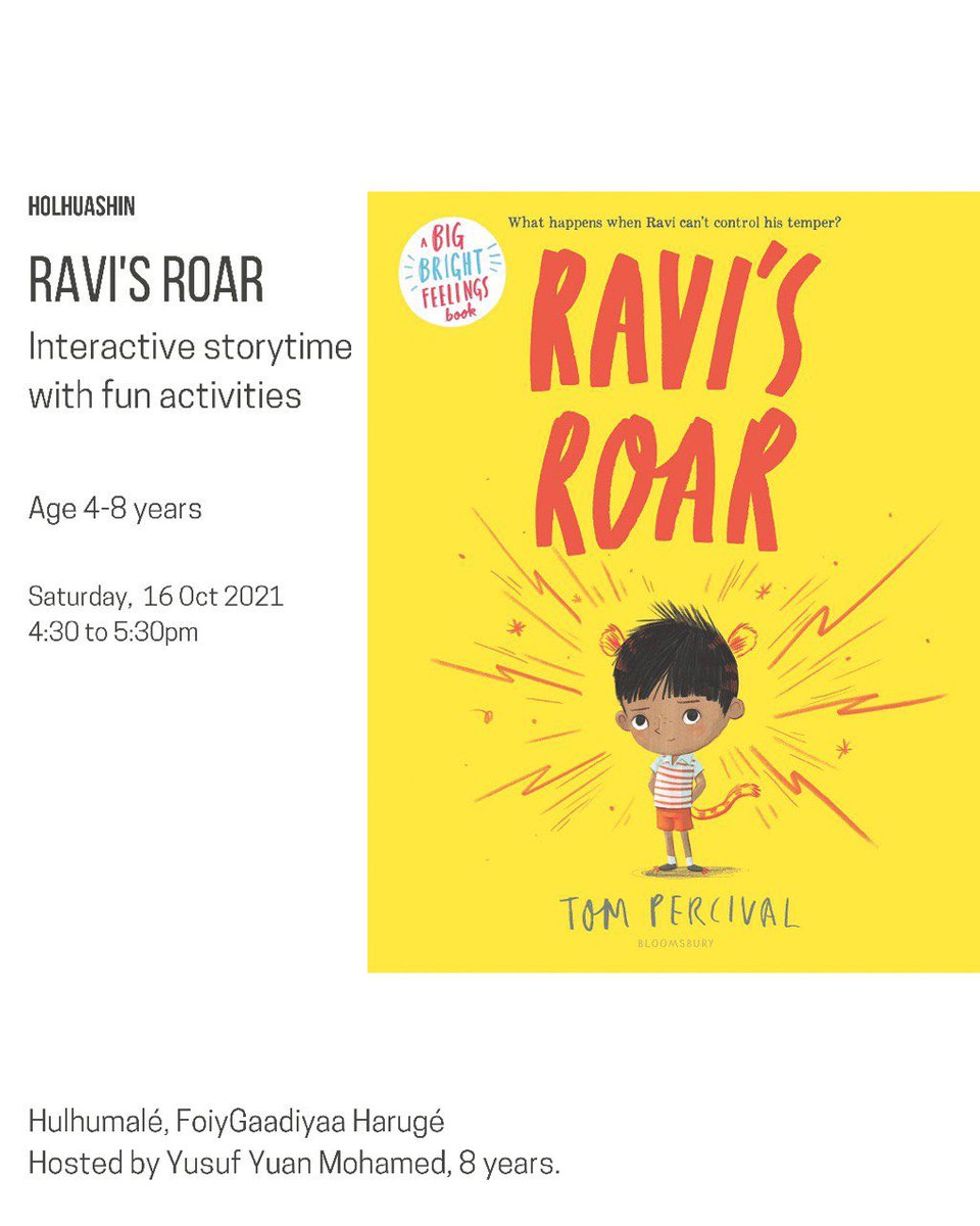 RAVI’S ROAR - Interactive storytime with fun activities
16th October, Saturday 
4 to 8 year olds

Hosted by Yusuf - 8 yrs

Register at FoiyGaadiyaa.com