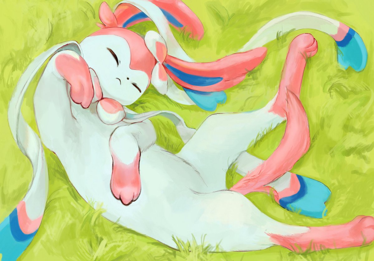 sylveon no humans grass pokemon (creature) closed eyes solo lying on back  illustration images