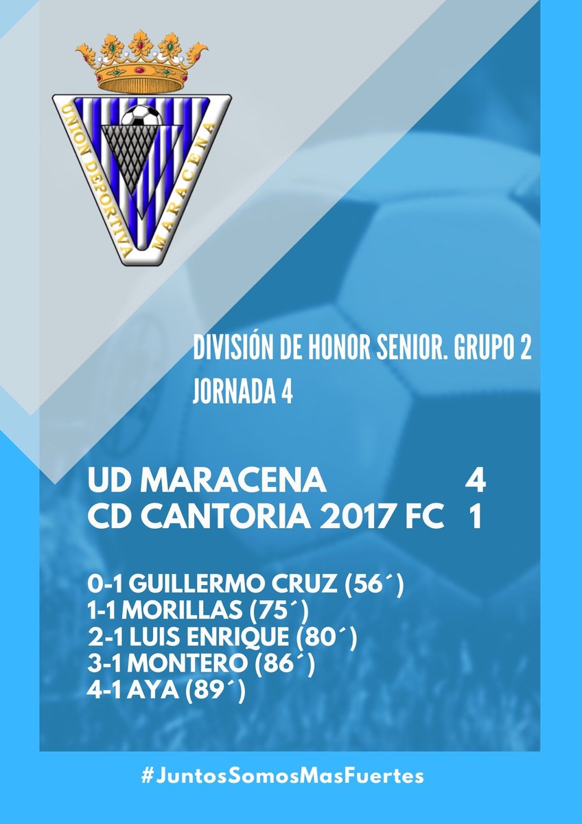 💙⚽️ DIVISIÓN DE HONOR SENIOR

UD MARACENA 4⃣ 🆚 1⃣ CD CANTORIA 2017 FC

⚽️ 1-1 <a href="/mori_jazz/">Ángel Morillas</a> (min. 75)
⚽️ 2-1 <a href="/luisoherrera9/">Luiso Herrera Martin</a> (min. 80)
⚽️ 3-1 <a href="/dmonteroo_/">daniel montero</a> (min. 86)
⚽️ 4-1 <a href="/Aya_Pg9/">Aya PG</a> (min. 89)

#JuntosSomosMasFuertes