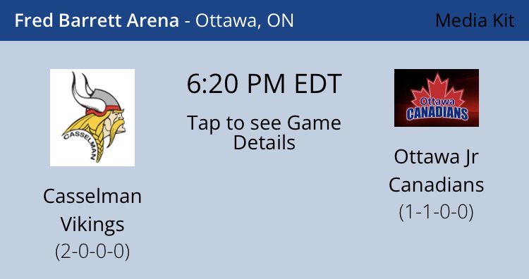OttJrCanadians's tweet photo. 🔴🔵GAMEDAY 🔴🔵 Today we host the @CVikingsHockey at #TheFred Barrett Arena for a 6:20 puck drop. See you all there!! @TheEOJHL #OJC https://t.co/w8kYuQ3ZKt