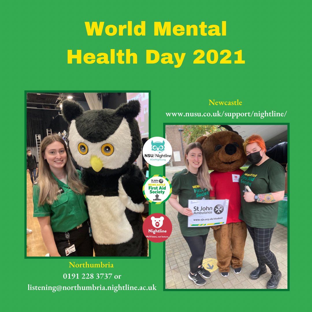 NewcastleFASOC's tweet photo. Today is World Mental Health Day. At freshers First Aid Society met Lionel the @nsu_nightline owl and Neville the @newcastlenightline bear! Nightline are amazing SU resource for university students. It is a confidential, anonymous listening service for students, by students 🦉🧸 https://t.co/KzKpb6qeqS