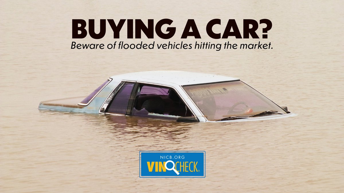 insurancecrime's tweet photo. If you're shopping for new cars this weekend, NICB has your back. Flood damaged vehicles are hitting the resale market after #HurricaneIda so use NICB's free tool VINCheck® before you buy: https://t.co/6QvwvK3ZjS
#AutoFraud #Flooding #DisasterFraud https://t.co/yi2TrbJ2Pg