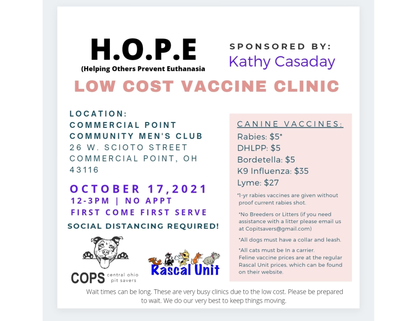 RascalDublin's tweet photo. Next @rascalunit and @copitsavers HOPE vaccine clinic Sunday October 17th, 2021 in Commercial Point  https://t.co/YvIa0gwrXW https://t.co/T6ElU844JR