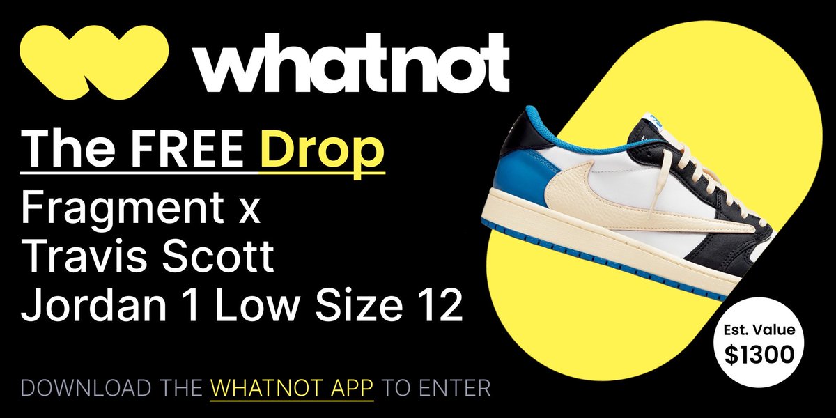 Kainers1978's tweet image. You can win a FREE pair of Fragment x Travis Scott Jordan 1 Lows Size 12 (valued at $1300) by entering the Drop on the Whatnot app! The Drop closes on 10/12.

Download the Whatnot app to enter: whatnotapp.page.link/sneakers

 #whatnotdrop #giveaway #travisscott #sneakers