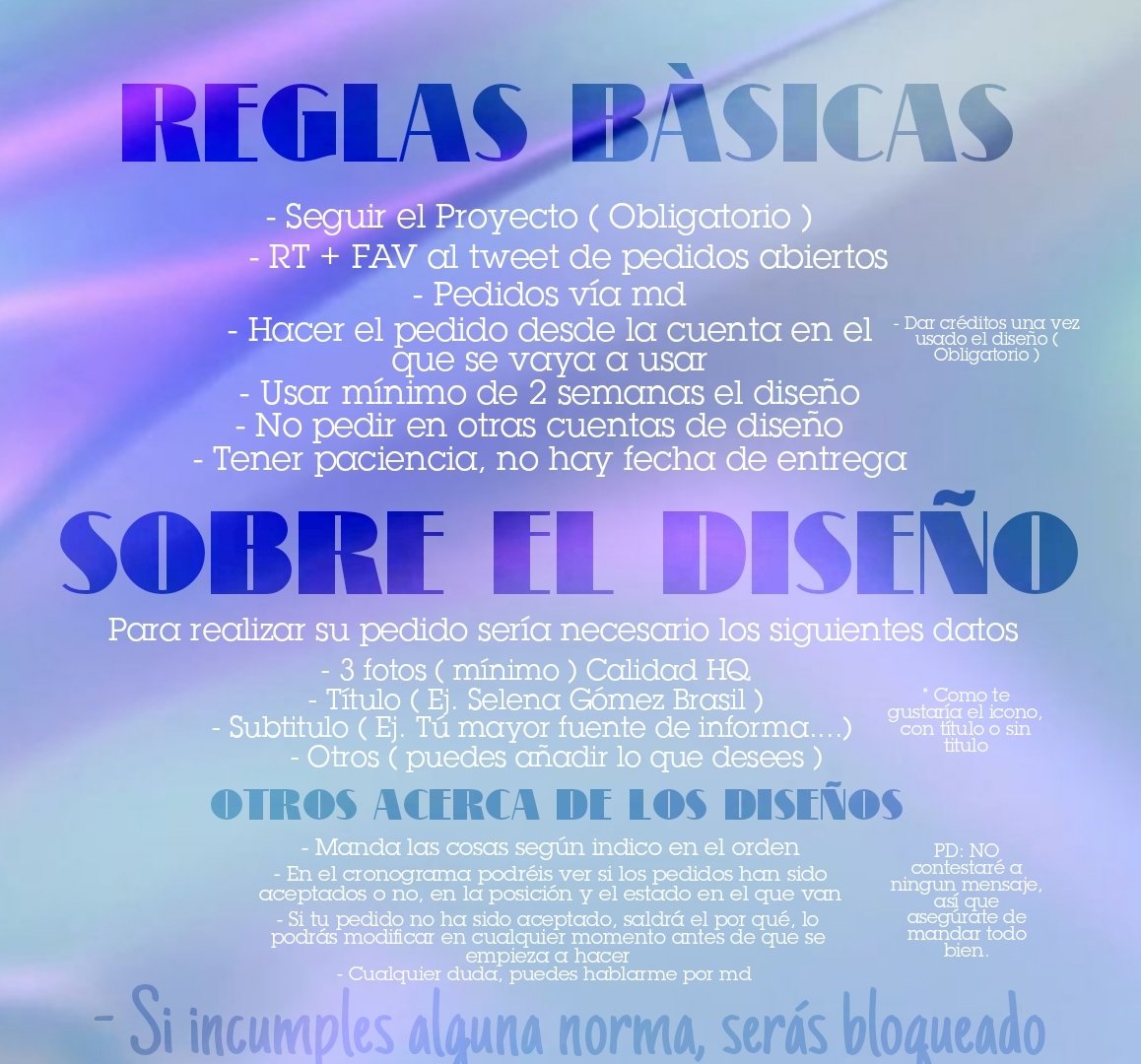 💜 PEDIDOS ABIERTOS 💜

-MUY IMPORTANTE LEER LAS REGLAS 

-NO HAY PREVIA DE DISEÑO, POR LO QUE NO SE PUEDEN HACER CAMBIOS, ASI QUE ESPECIFIQUEN BIEN

-VERE MENSAJES PERO NO CONTESTARE, PUEDEN VER EN EL CRONOGRAMA SI ESTAN O NO ACPETADOS

Cronograma: docs.google.com/spreadsheets/d…