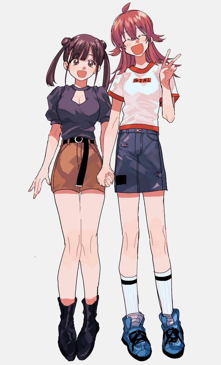 komiya kaho ,sonoda chiyoko multiple girls 2girls skirt hair bun holding hands double bun twintails  illustration images