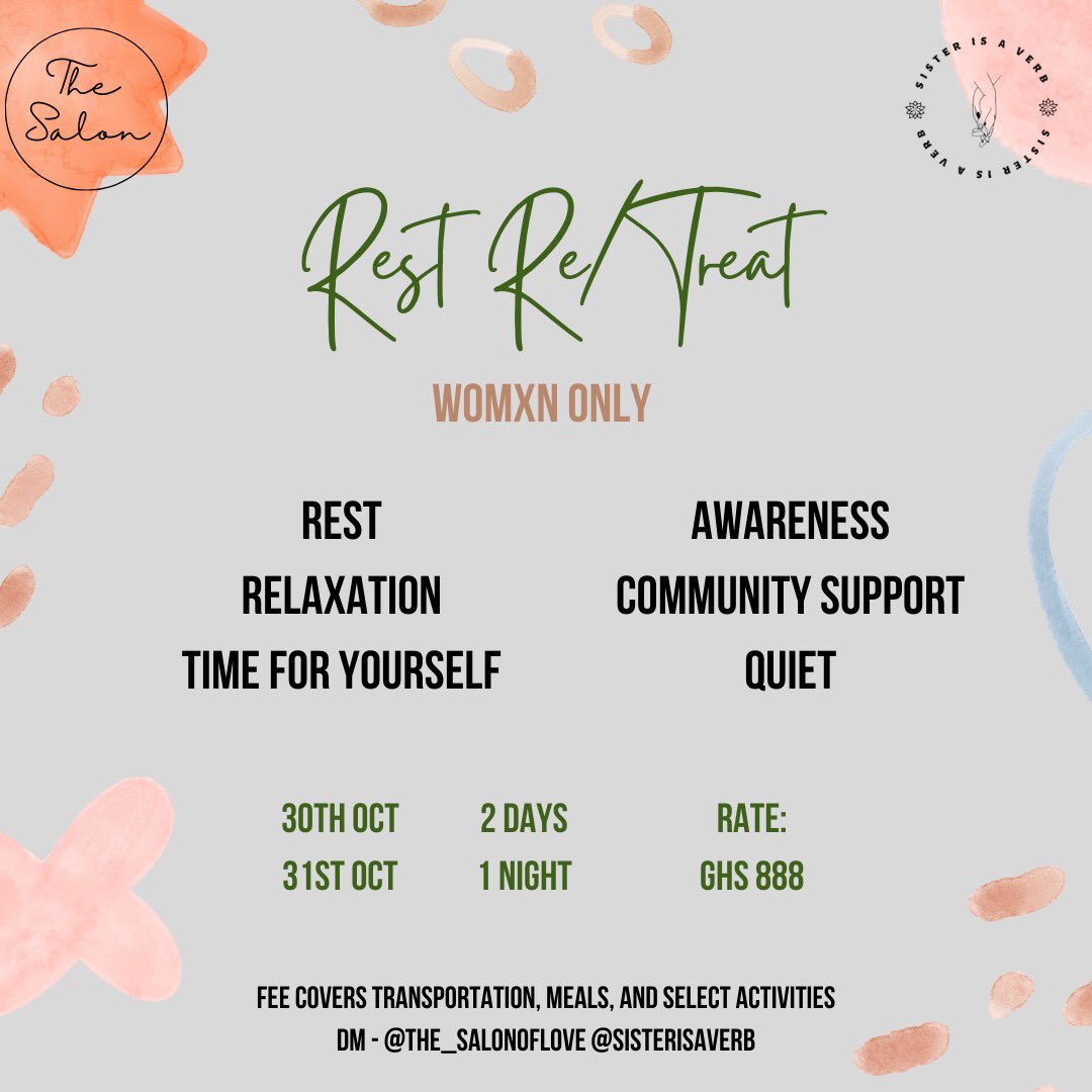 Sisterisaverb's tweet photo. It’s here! The Rest Re/Treat is a call for rest, to go into nature alone and in community, to observe, be aware and to simply be. 
The experience will give you room to
Re/Treat into a space that allows you to put your being first.

DM to RSVP! 🔆

#restrevolution #sisterisaverb https://t.co/8sc4KlrQSE
