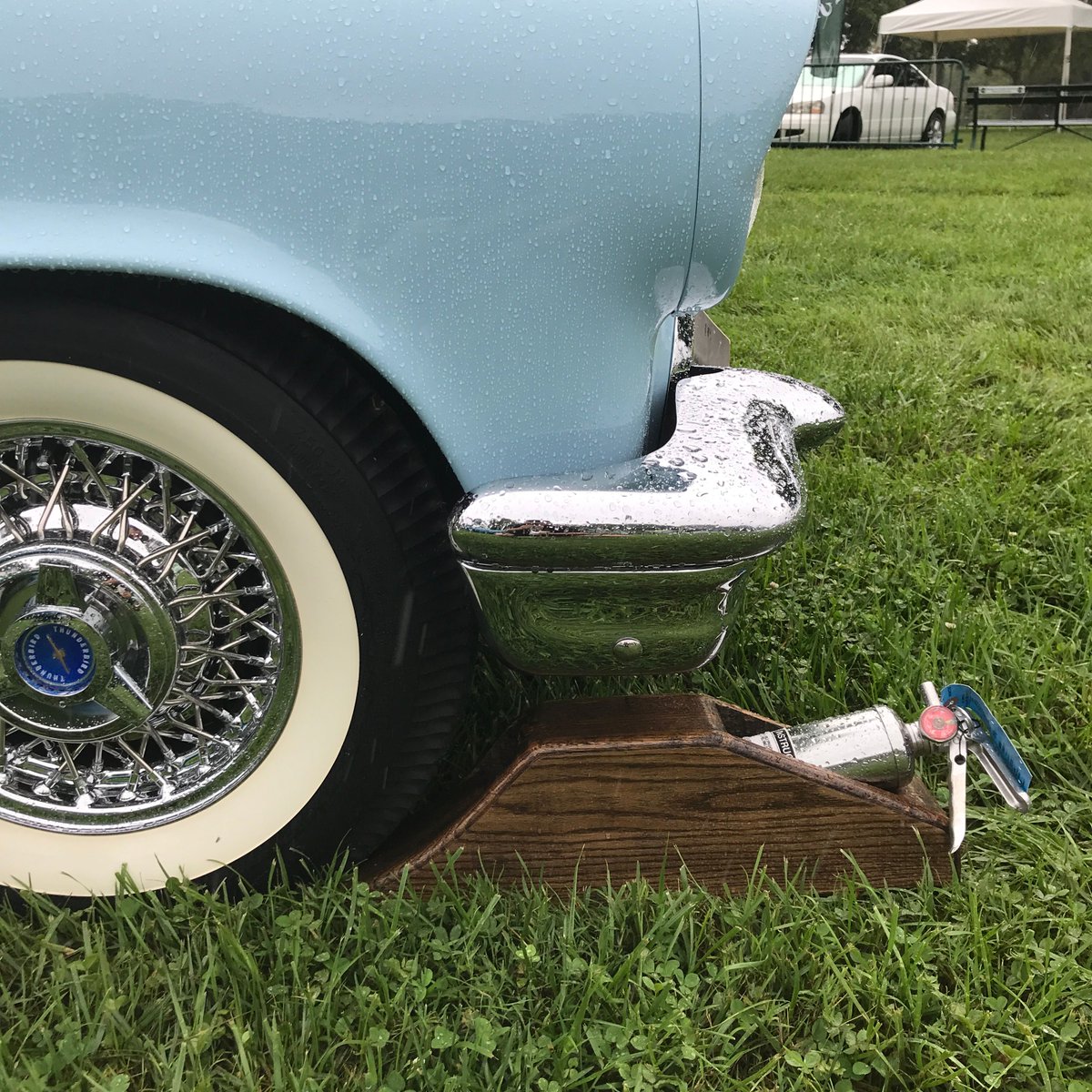Preventing your #classiccar from rolling off the #concours show field by placing a fire extinguisher under your tire is a horrible idea yet present at every event I've attended.  THIS...is a GREAT IDEA!  The owner created it himself and is making five more for friends.