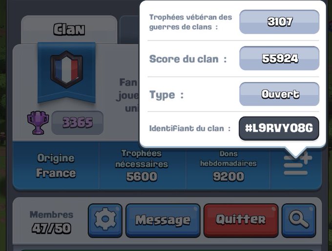 Le clan Vicalouquateam sur clash royale recherche 3 membres TRES ACTIF en GDC&hellip;. Je vous laisse l&rsquo;identifiable<a href="/tag/clashroyale"class="tags"><span>#clashroyale</span></a>