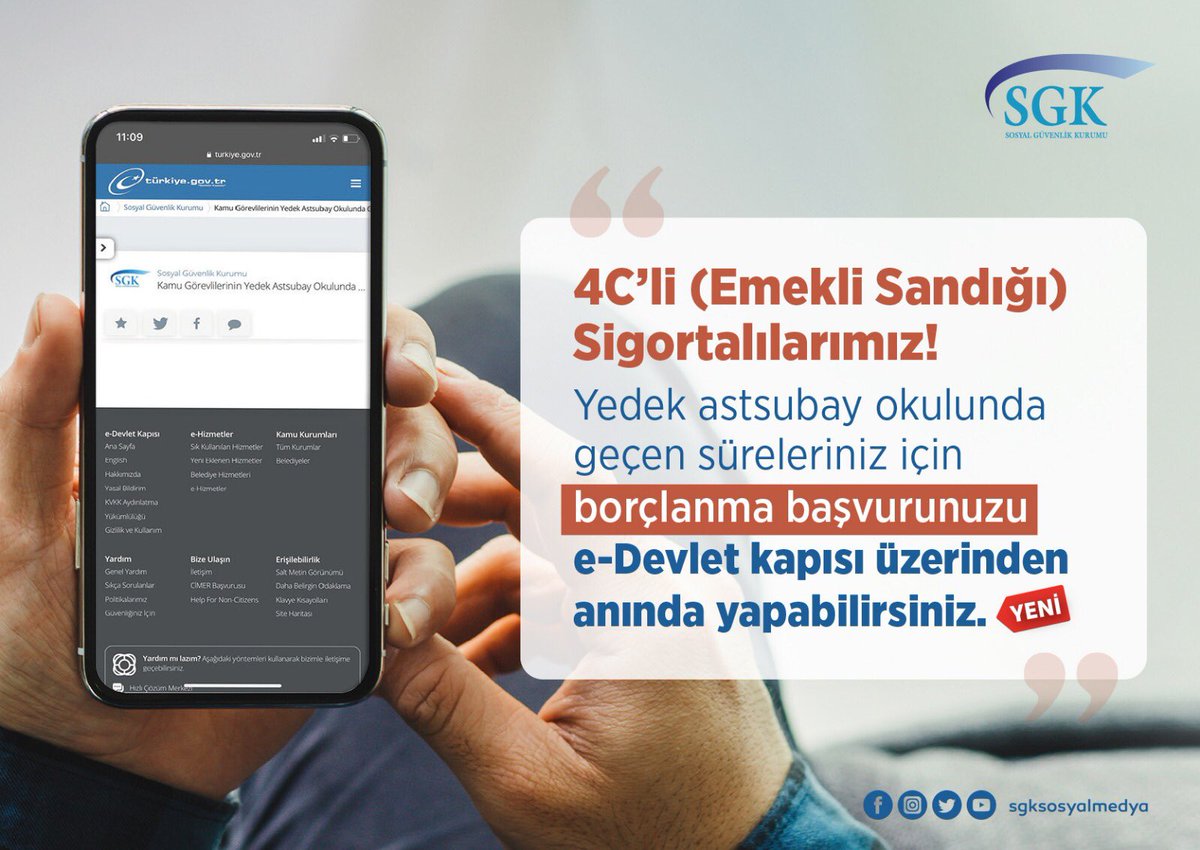 4C’li Sigortalılarımız❗️ Yedek astsubay okulunda geçen süreleriniz için borçlanma başvurunuzu e-Devlet kapısı üzerinden anında yapabilirsiniz. 🔗 turkiye.gov.tr/sosyal-guvenli…