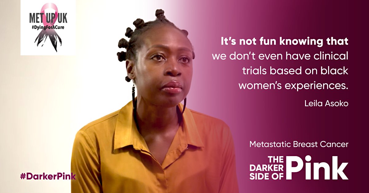 As a black woman living with metastatic breast cancer Leila knows all too well the inequalities in cancer care. Did you know there aren't clinical trials based on black
women’s experiences with MBC?  buff.ly/3oP2pAQ
#DarkerPink #BCAM #MetastaticBreastCancer⠀