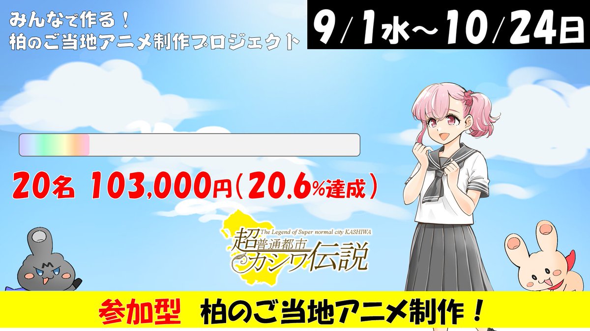 ট ইট র テガちゃん Tvアニメ原作漫画制作クラウドファンディング 参加型柏のご当地アニメ制作 クラウドファンディング 名 10万円を突破っ あと2週間よろしくねっ 柏 ご当地アニメ