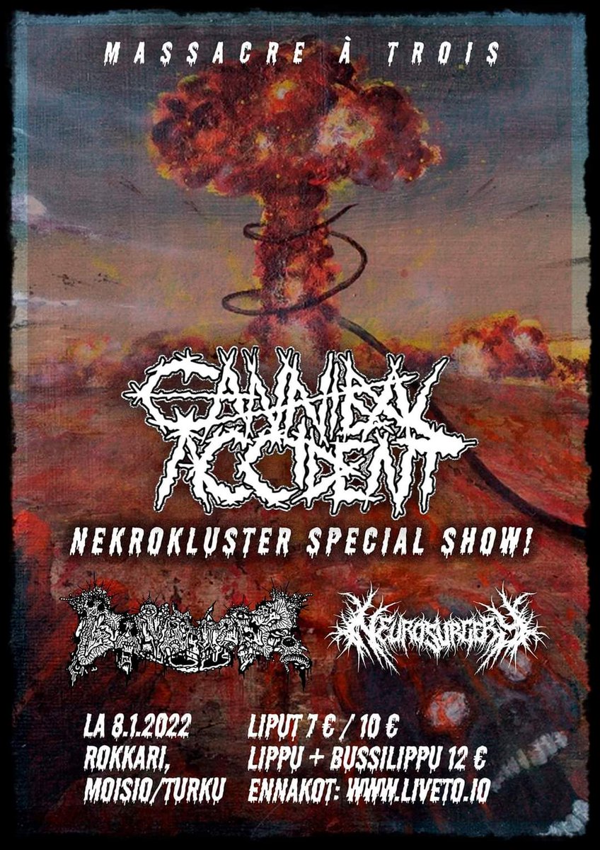 NeurosurgeryFIN's tweet photo. Next year will start with madness!!!

We hit the stage with almighty Cannibal Accident and legendary Galvanizer.

You dont wanna miss this chaos!!!

#Neurosurgery #CannibalAccident #Galvanizer #metal #deathmetal #live #livemusic #gig #show #concert https://t.co/c8193Ac9am