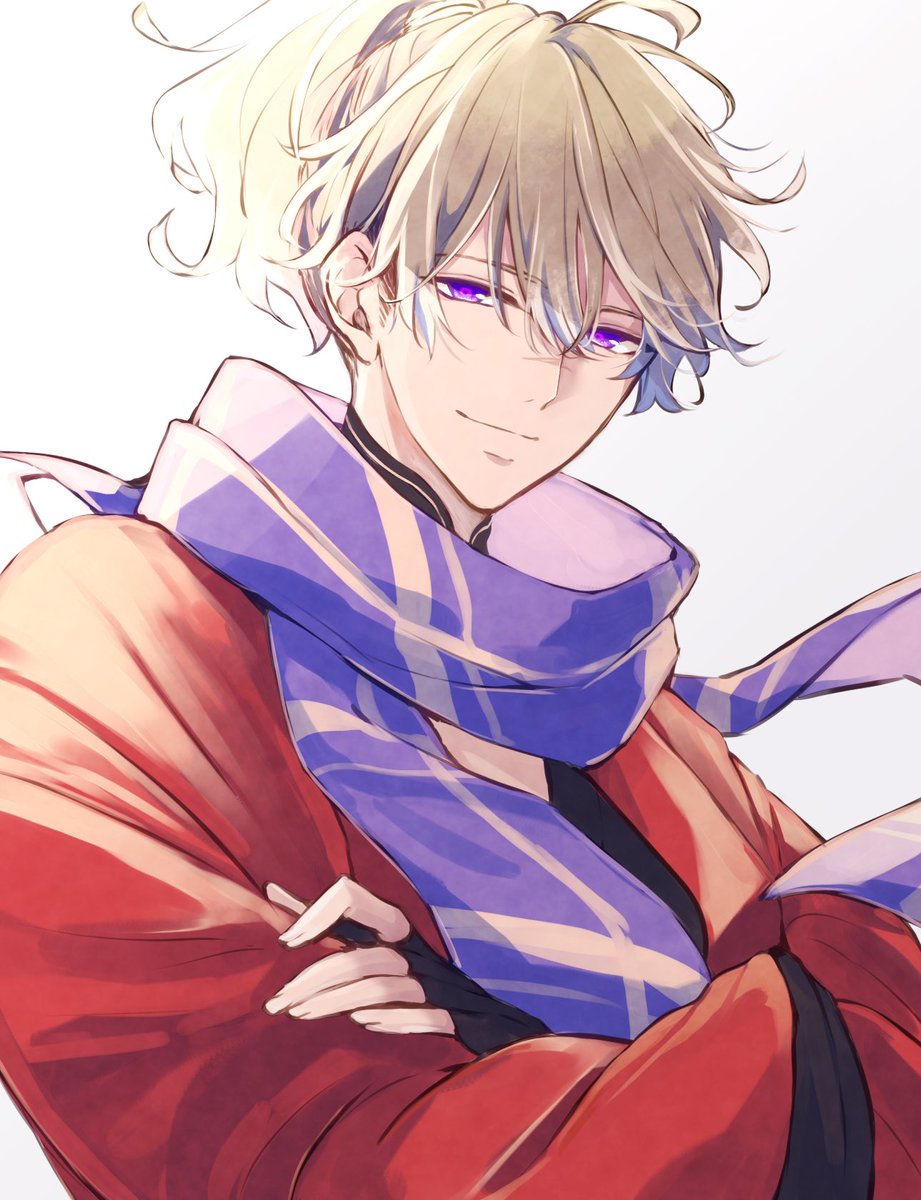 1boy male focus solo purple eyes scarf white background japanese clothes  illustration images