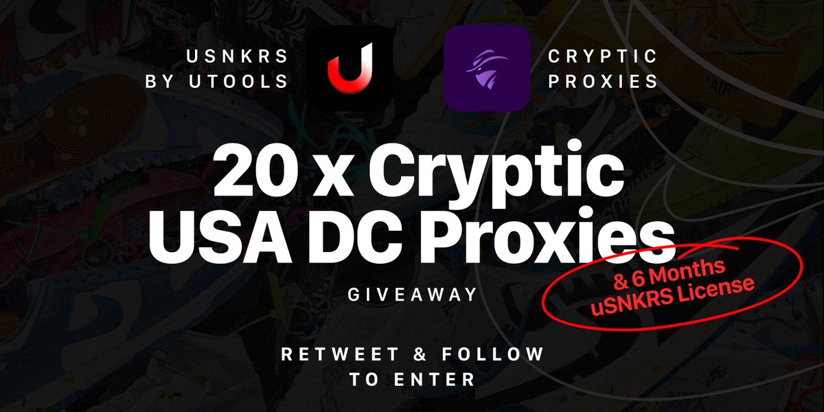 usnkrs's tweet photo. 🎉 GIVEAWAY 20/25 🎉

Winner will receive:
🎁 20 Cryptic US DC Proxies
🎁 uSNKRS 6 Months License

To enter: 

Follow @CrypticAIO &amp; @uTools_

Like &amp; Retweet this tweet 

⏰ Ends in 15 mins

Good Luck 🤍 https://t.co/vvFb3rxwwE